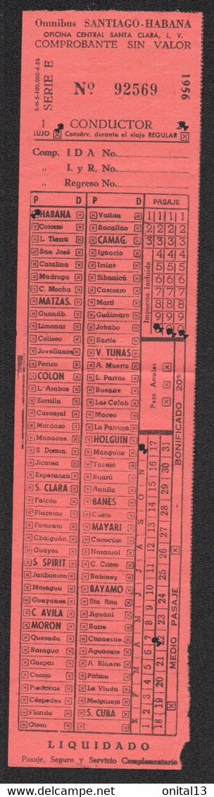 1956 TICKET OMNIBUS LIGNE SANTIAGO / HABANA CUBA  D1672 - Monde