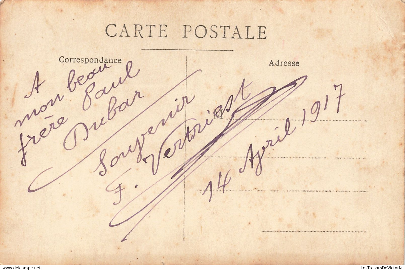 CPA - Militaria - Carte Photo  - Identification Paul Dubar - F. Vertriest - 1917 - Characters