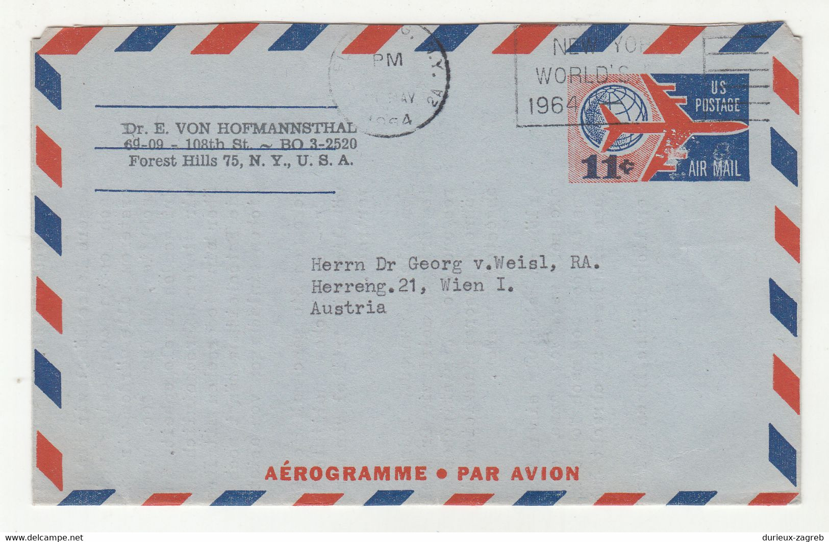 US Postal Stationery Aergoramme UC35 Posted 1964 To Austria B230120 - 1961-80