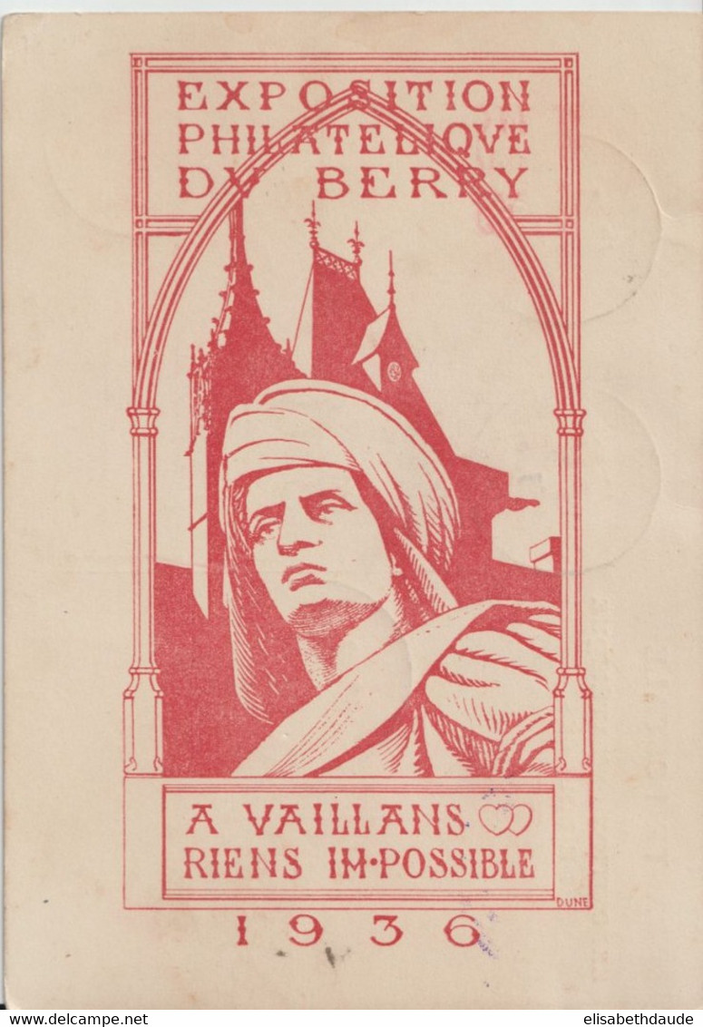 1936 - VIGNETTE / CINDERELLA Sur CP ENTIER ILLUSTREE SEMEUSE EXPO De BOURGES (VOIR DOS) - Expositions Philatéliques