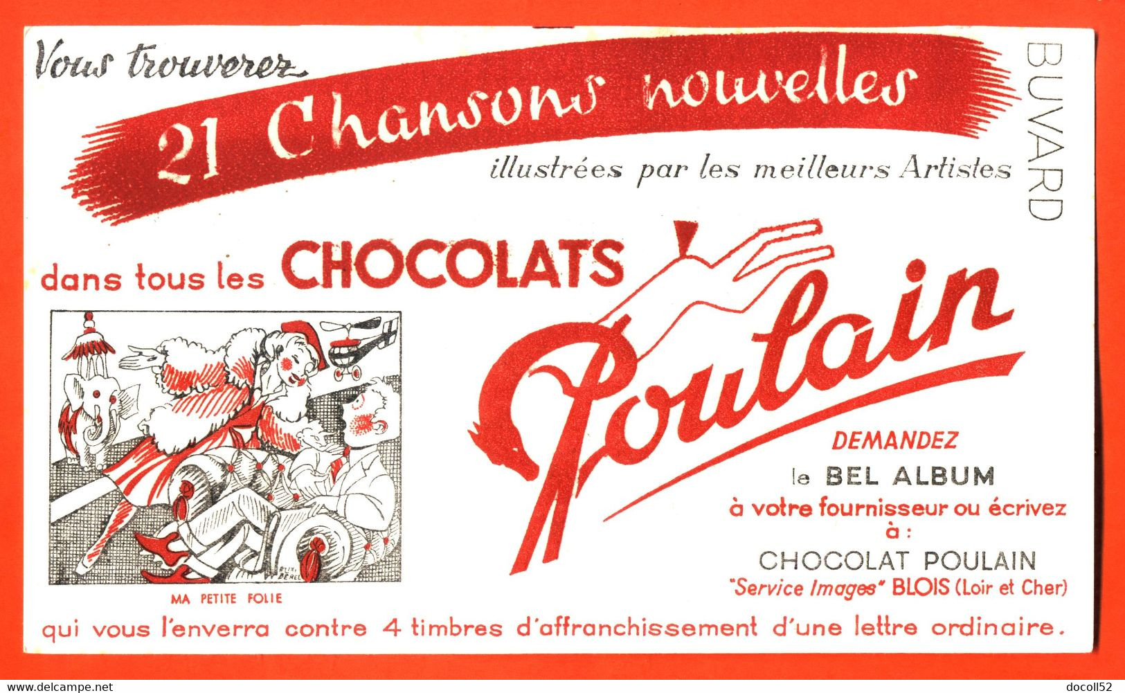 BUVARD CHOCOLAT POULAIN 21 CHANSONS NOUVELLES " MA PETITE FOLIE " - Cocoa & Chocolat