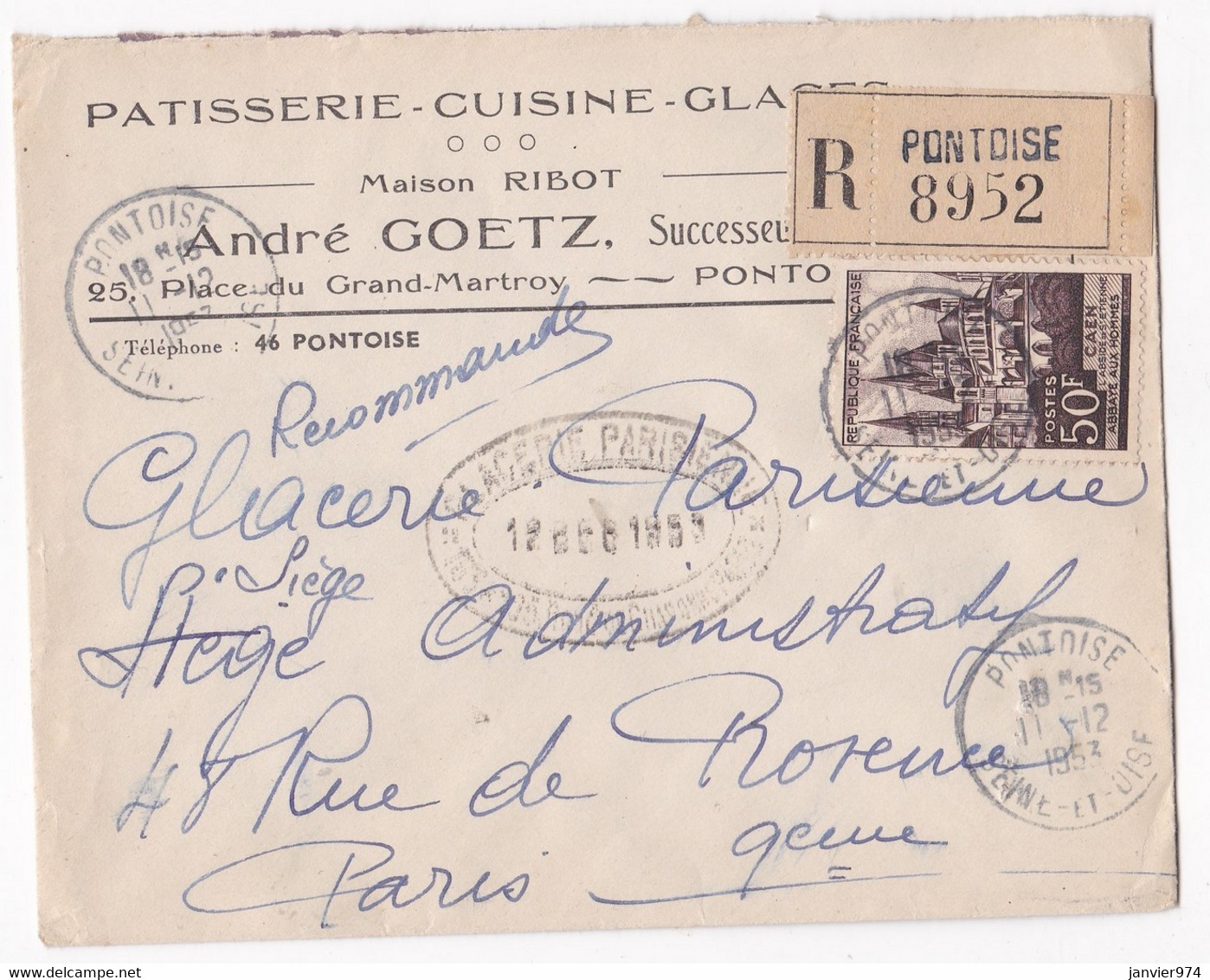Enveloppe Publicitaire 1953 Pâtisserie Maison Ribot, A. Goetz Successeur , Pontoise, En Recommandé - 1921-1960: Période Moderne