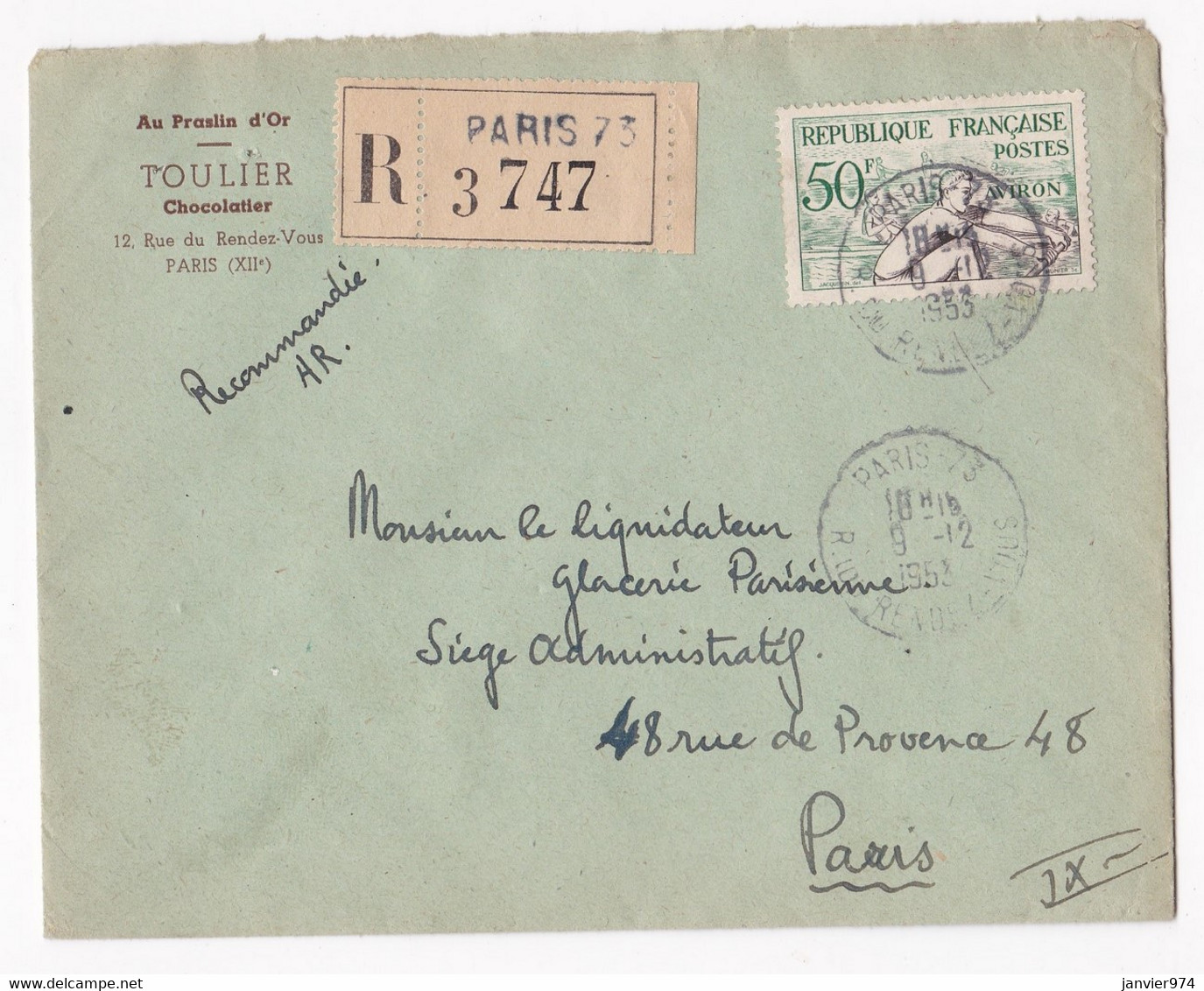 Enveloppe Publicitaire 1953 Au Praslin D’Or , Toulier Chocolatier, Paris, En Recommandé. - 1921-1960: Periodo Moderno