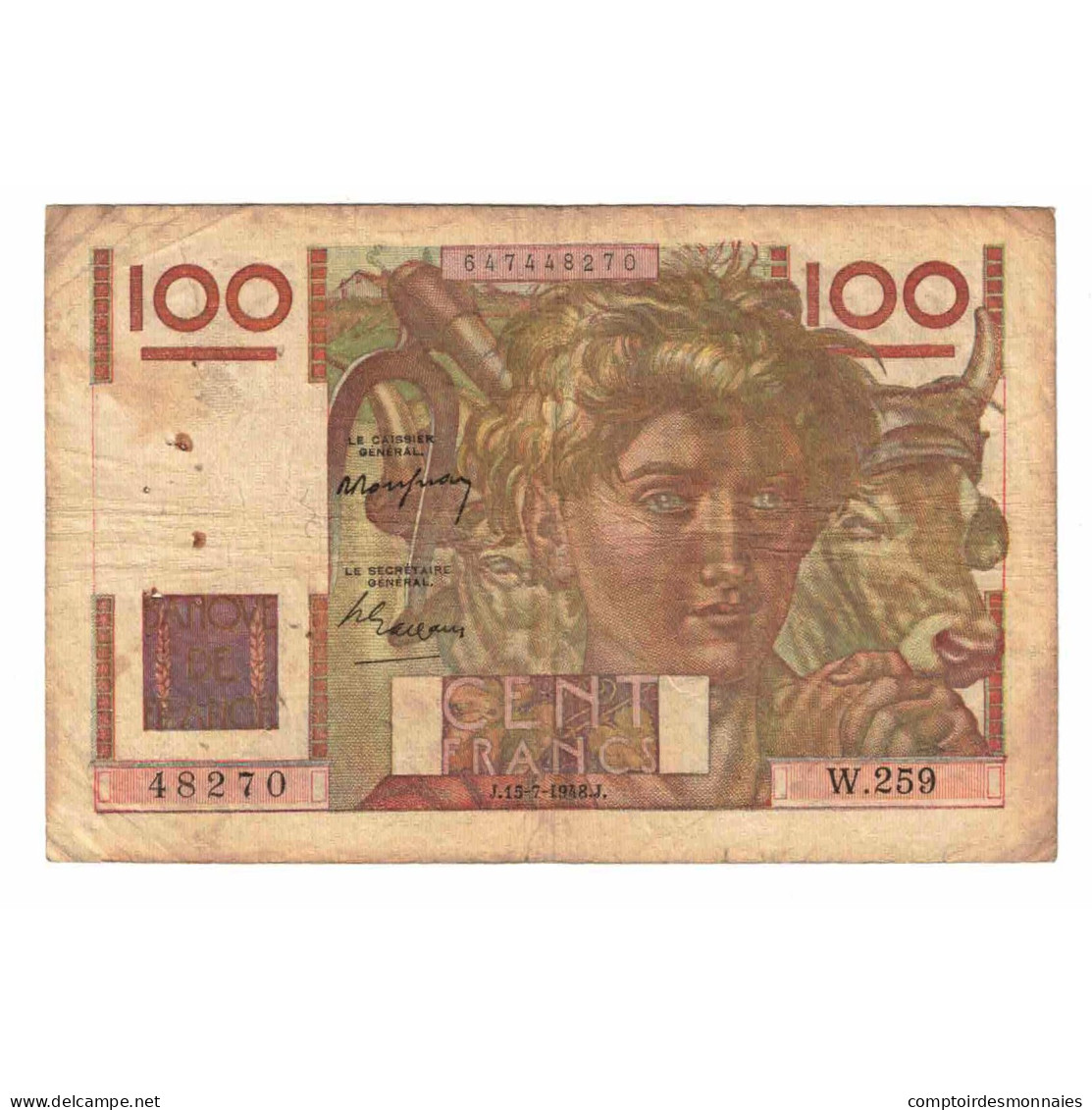 France, 100 Francs, Jeune Paysan, 1948, W.259, B, Fayette:28.19, KM:128b - 100 F 1945-1954 ''Jeune Paysan''