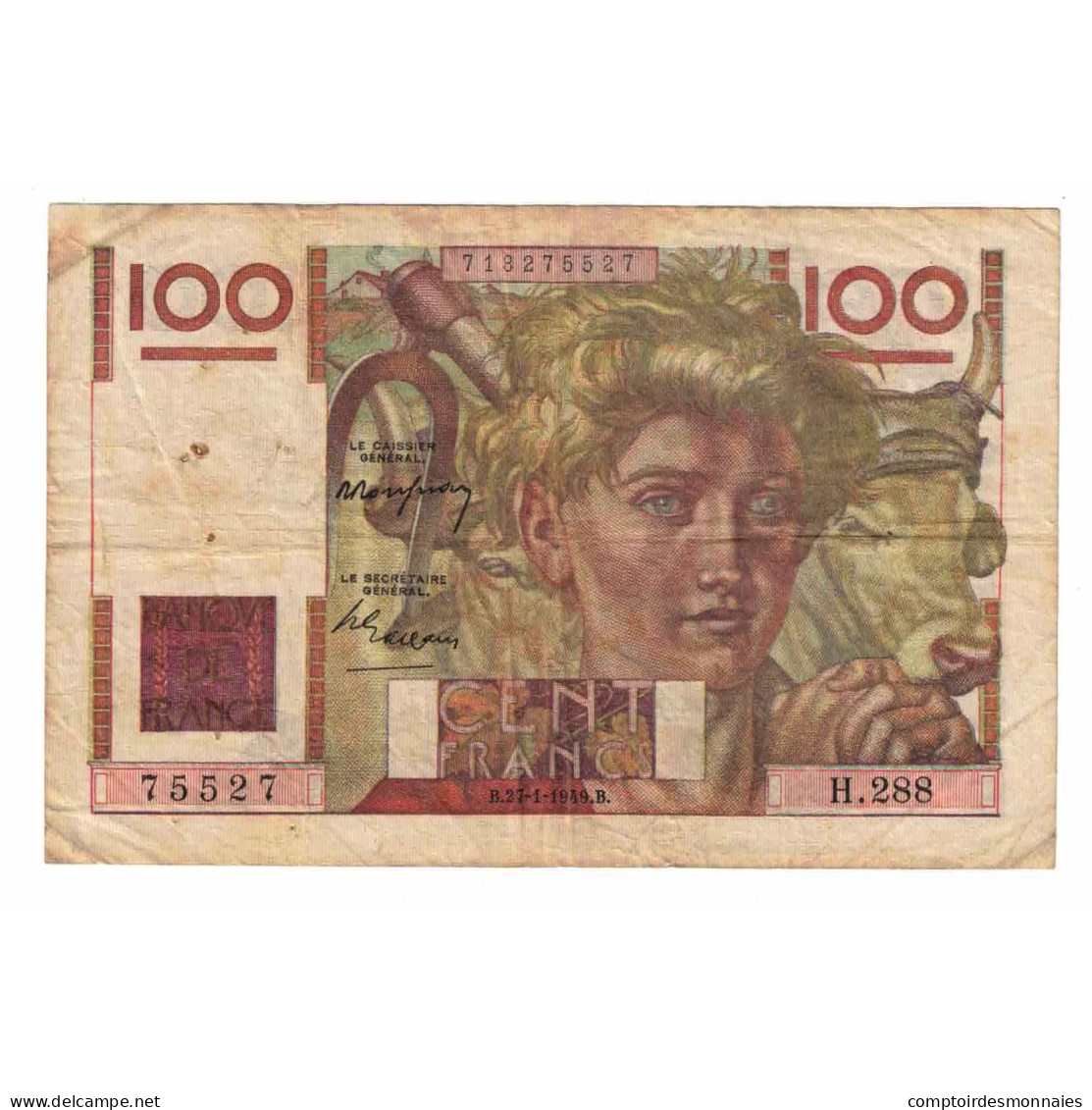 France, 100 Francs, Jeune Paysan, 1949, H.288, B, Fayette:28.21, KM:128b - 100 F 1945-1954 ''Jeune Paysan''