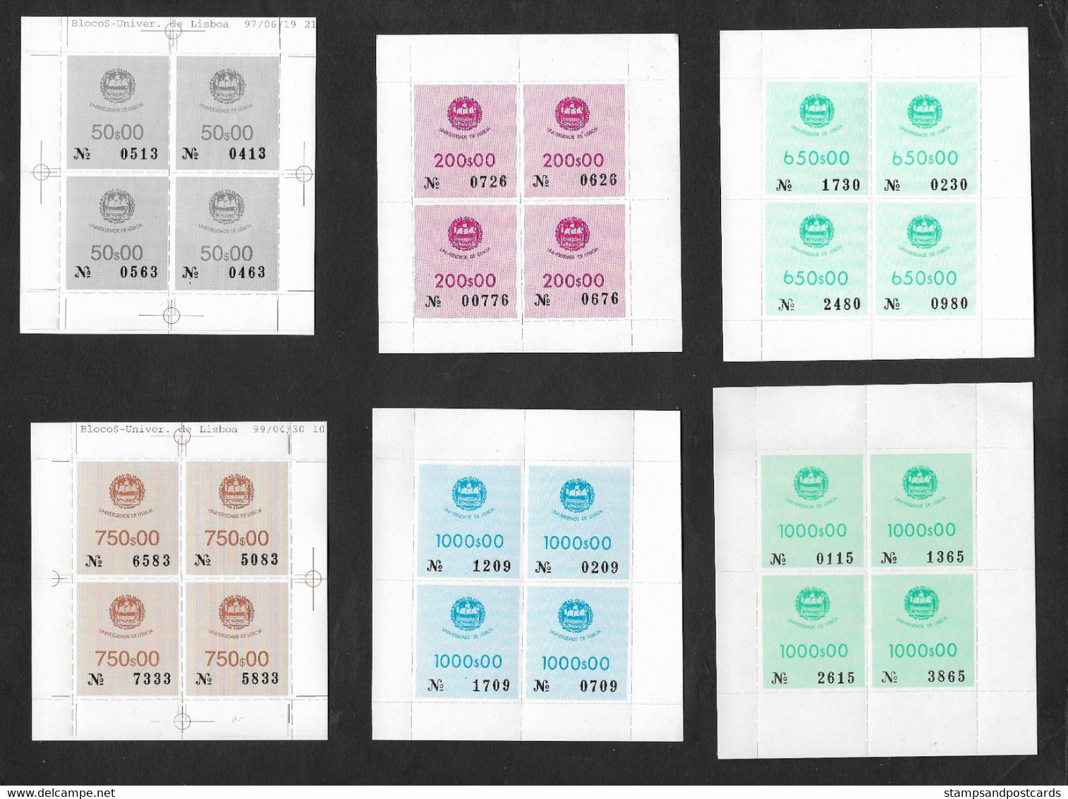 Portugal Timbre Fiscal 6 Feuillets Taxes Université De Lisbonne 1997/9 Revenue Stamp Lisbon University Fees Sheetlets - Unused Stamps