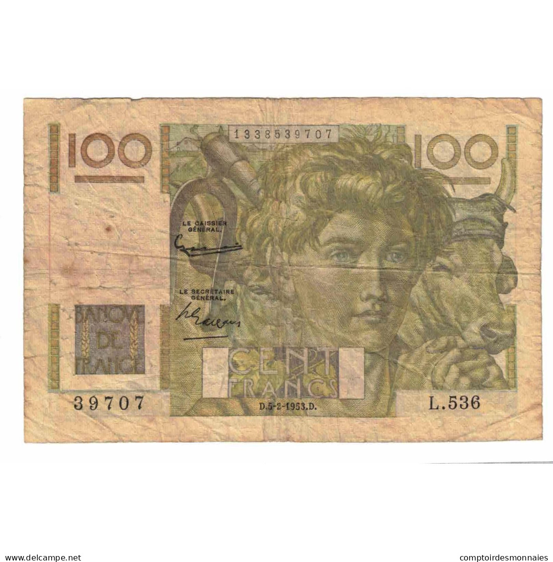 France, 100 Francs, Jeune Paysan, 1953, L.536, B, Fayette:28.36, KM:128d - 100 F 1945-1954 ''Jeune Paysan''