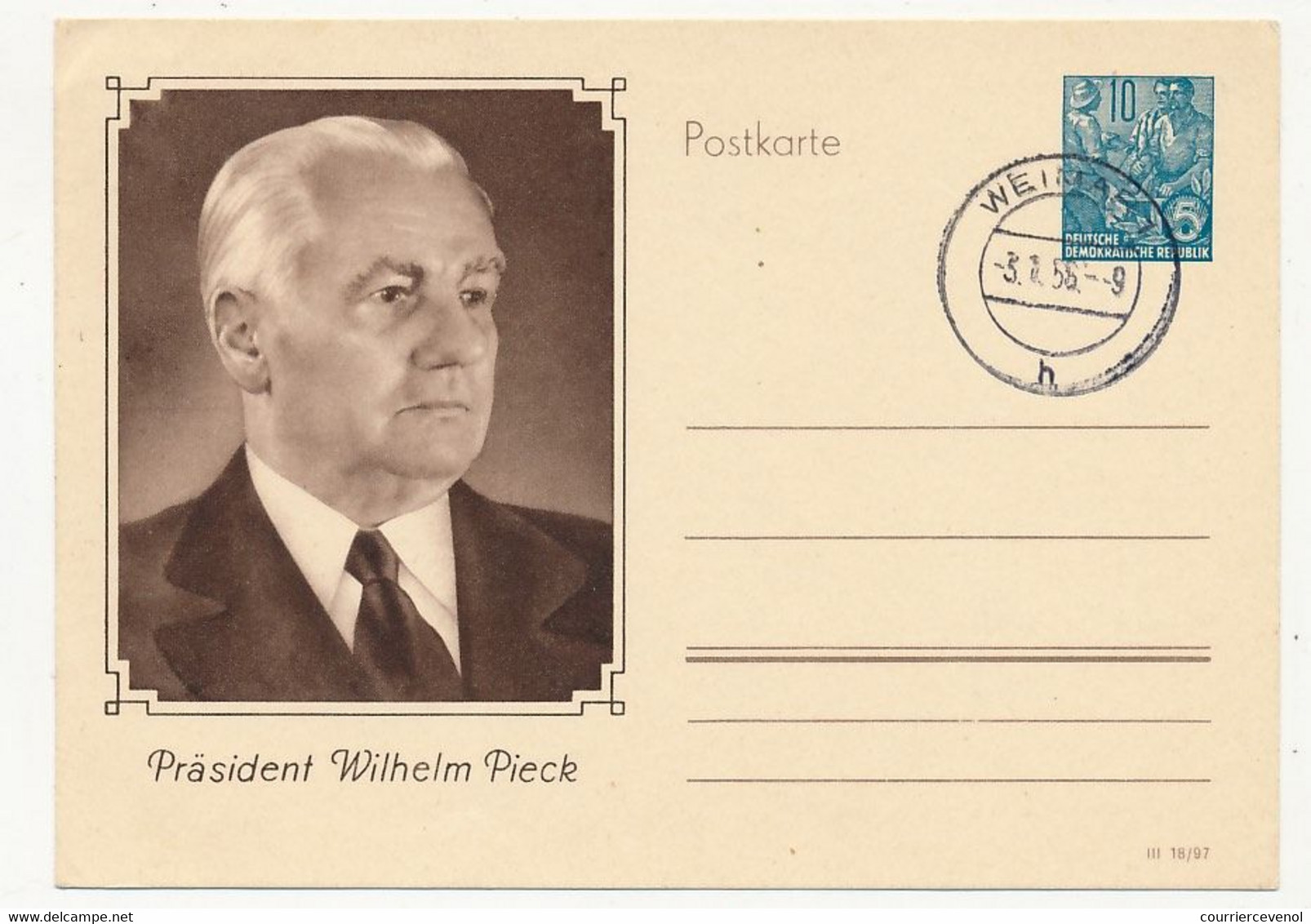 ALLEMAGNE - Entier (CP) 10pf Präsident Wilhelm Pieck, Timbre Clair, Oblitérée Weimar 1956 - Cartoline - Usati