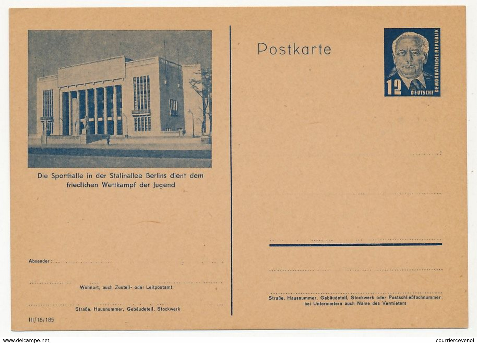 ALLEMAGNE - Entier (CP) 12pf Präsident Wilhelm Pieck, Sporthalle Berlin Stalinallee, Neuve - Postcards - Mint