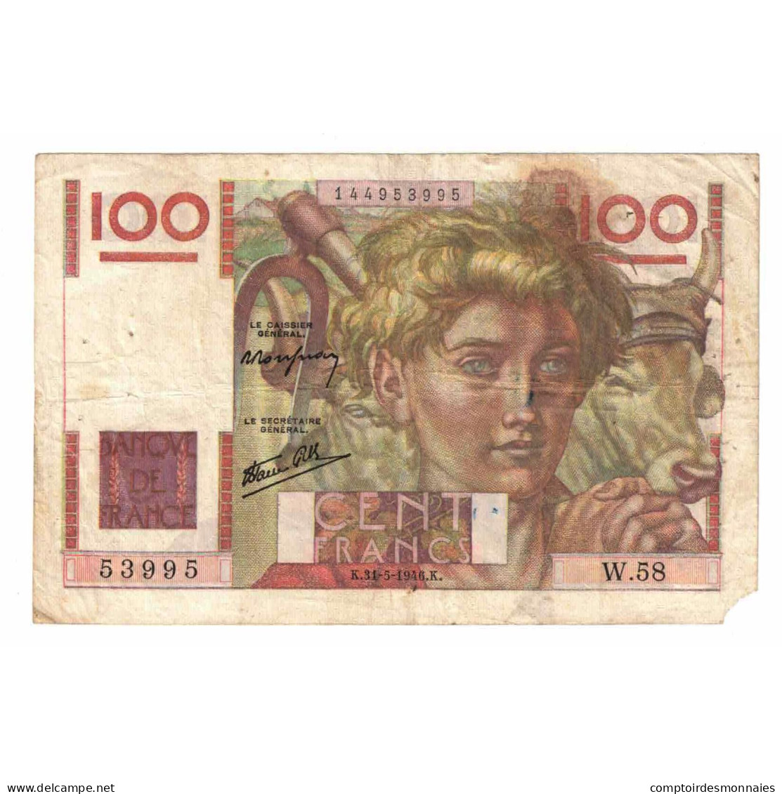 France, 100 Francs, Jeune Paysan, 1946, W.58, B, Fayette:28.5, KM:128a - 100 F 1945-1954 ''Jeune Paysan''