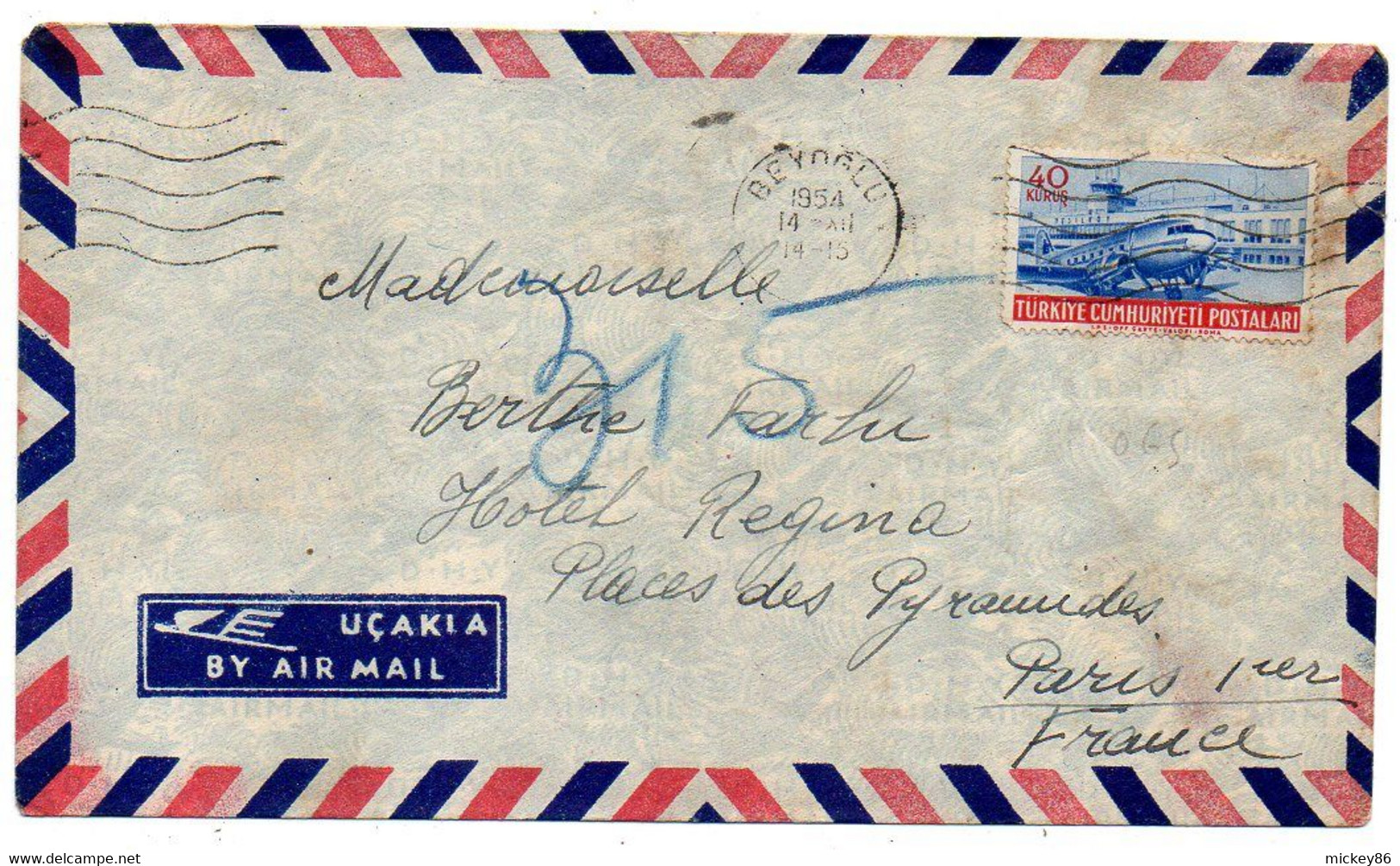 Turquie--1954--lettre BEYOGLU  Pour PARIS--75 (France) --timbre ( Avion)--cachet - 14-12-54 - Briefe U. Dokumente