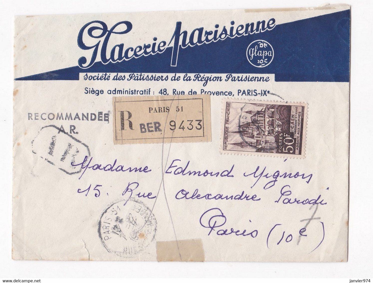 Enveloppe Publicitaire 1953, Glacerie Parisienne, Paris, En Recommandé. - 1921-1960: Periodo Moderno
