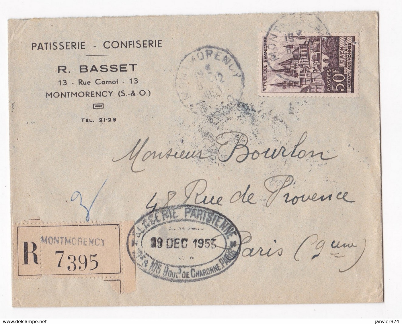 Enveloppe Publicitaire 1953 Pâtisserie Confiserie, R. Basset, Montmorency,  En Recommandé. - 1921-1960: Modern Period