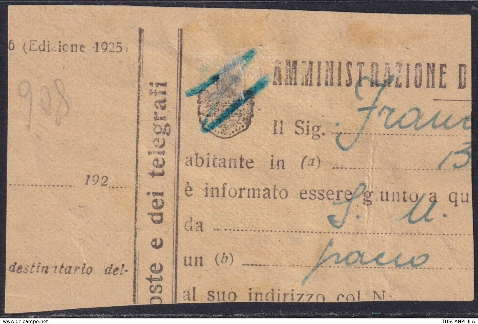 Pacchi Postali 4 L. Non Dentellato Sass 63a Usato Su Framemento F.AD Cv 120++ - Colis-postaux