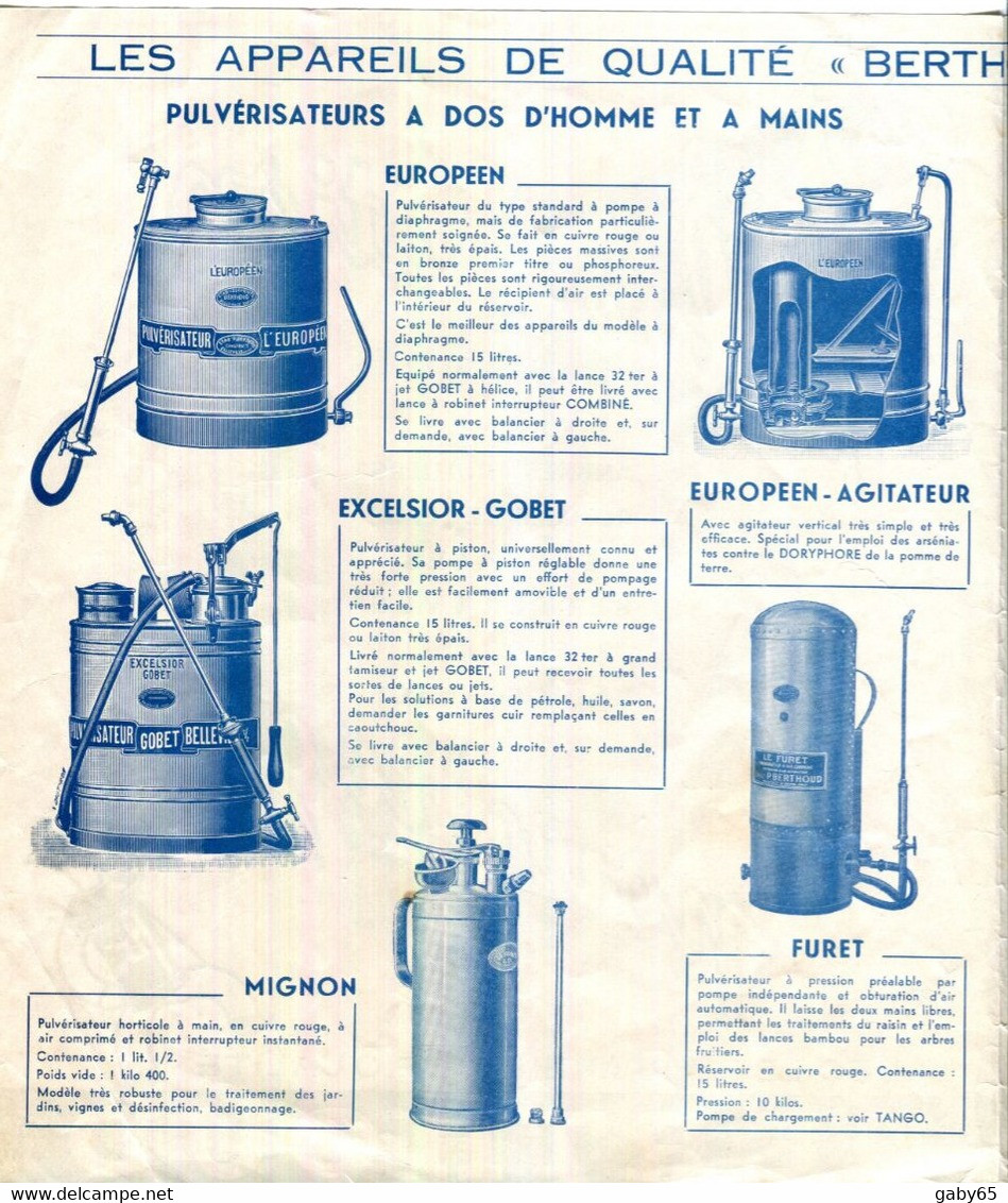 69.BELLEVILLE SUR SAONE.DOCUMENTATION POUR PULVERISATION & POUDRAGE.BERTHOUD. - Advertising