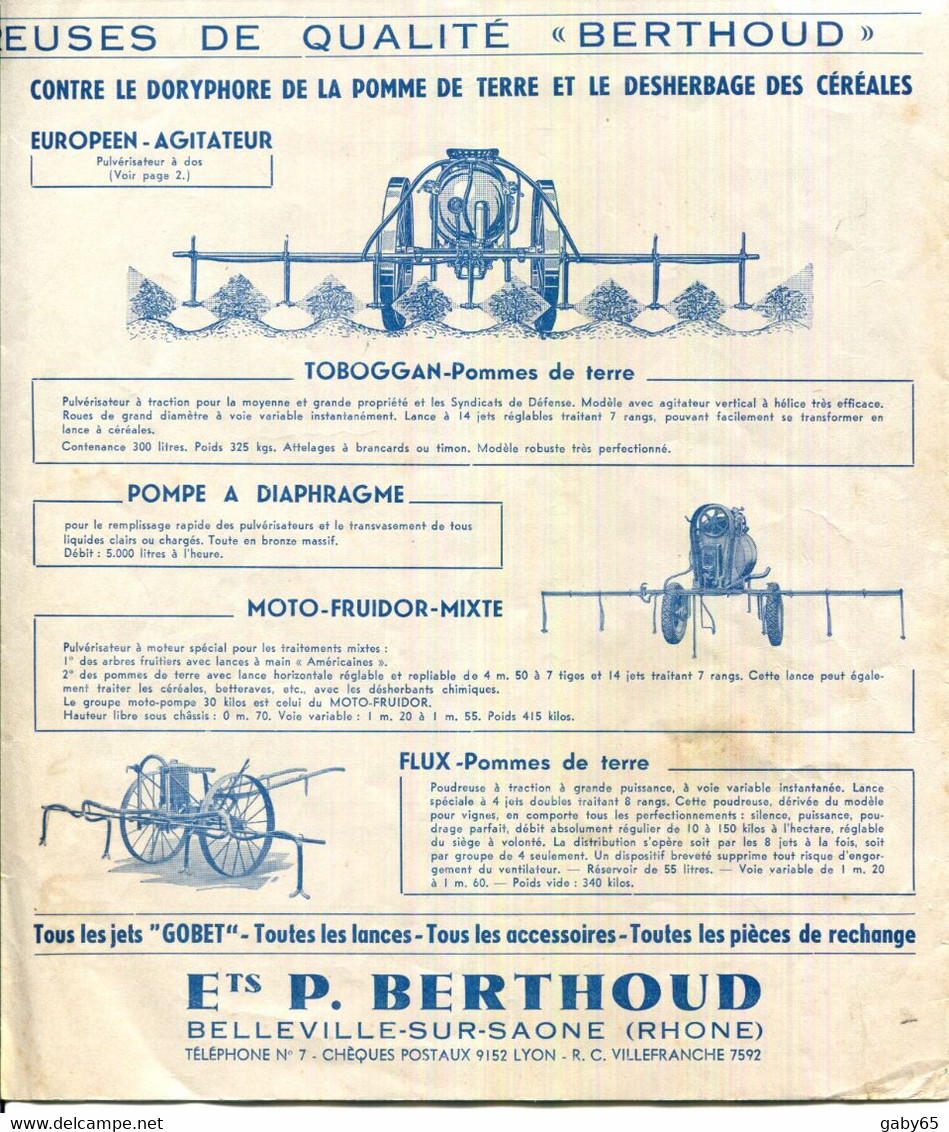 69.BELLEVILLE SUR SAONE.DOCUMENTATION POUR PULVERISATION & POUDRAGE.BERTHOUD. - Advertising