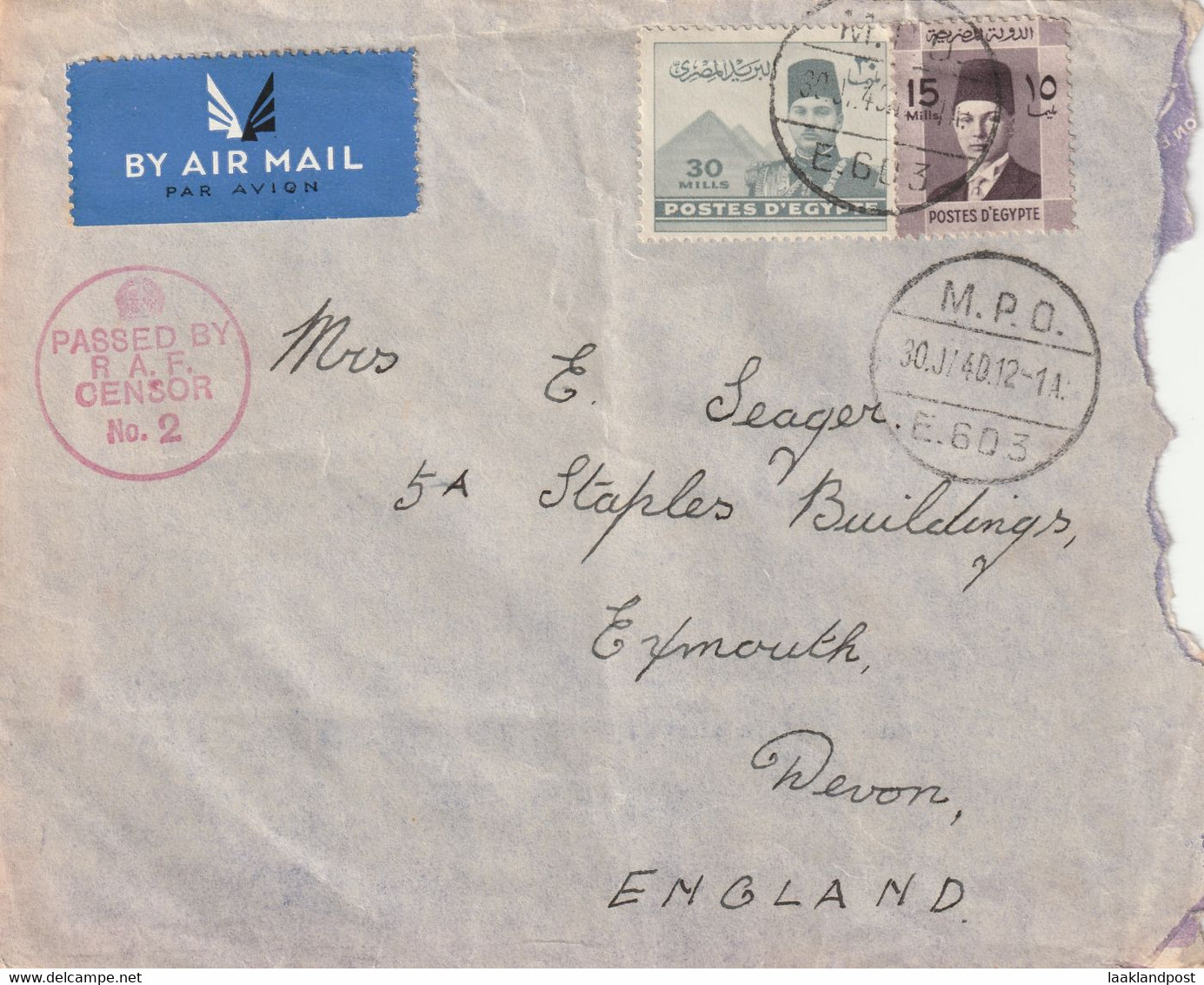 Air Mail Cover British Forces In Egypt To England 30/1/1940, Censor 2, MPO E603 - Covers & Documents