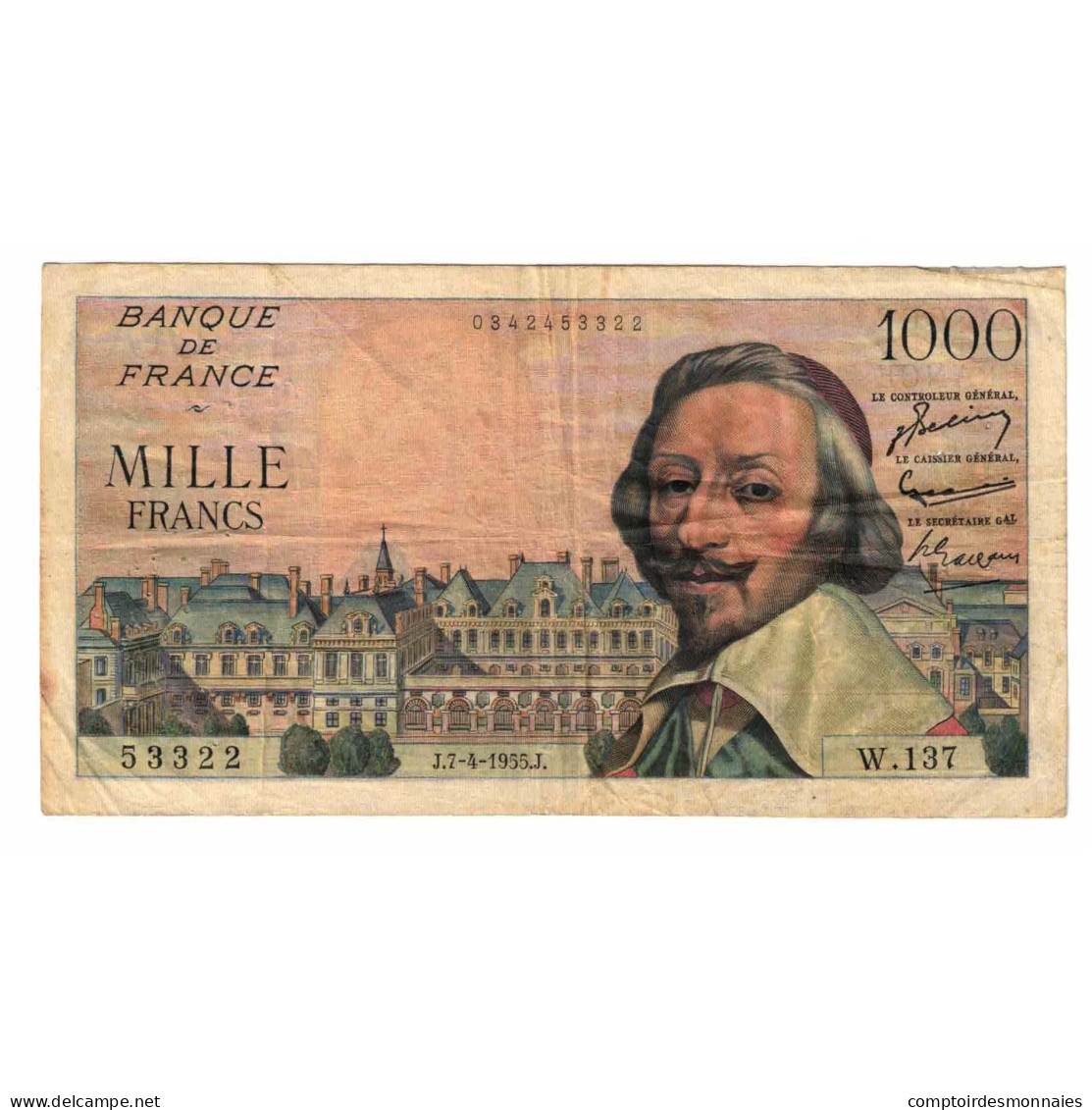 France, 1000 Francs, Richelieu, 1955, W.137, TTB, Fayette:42.12, KM:134a - 1 000 F 1953-1957 ''Richelieu''