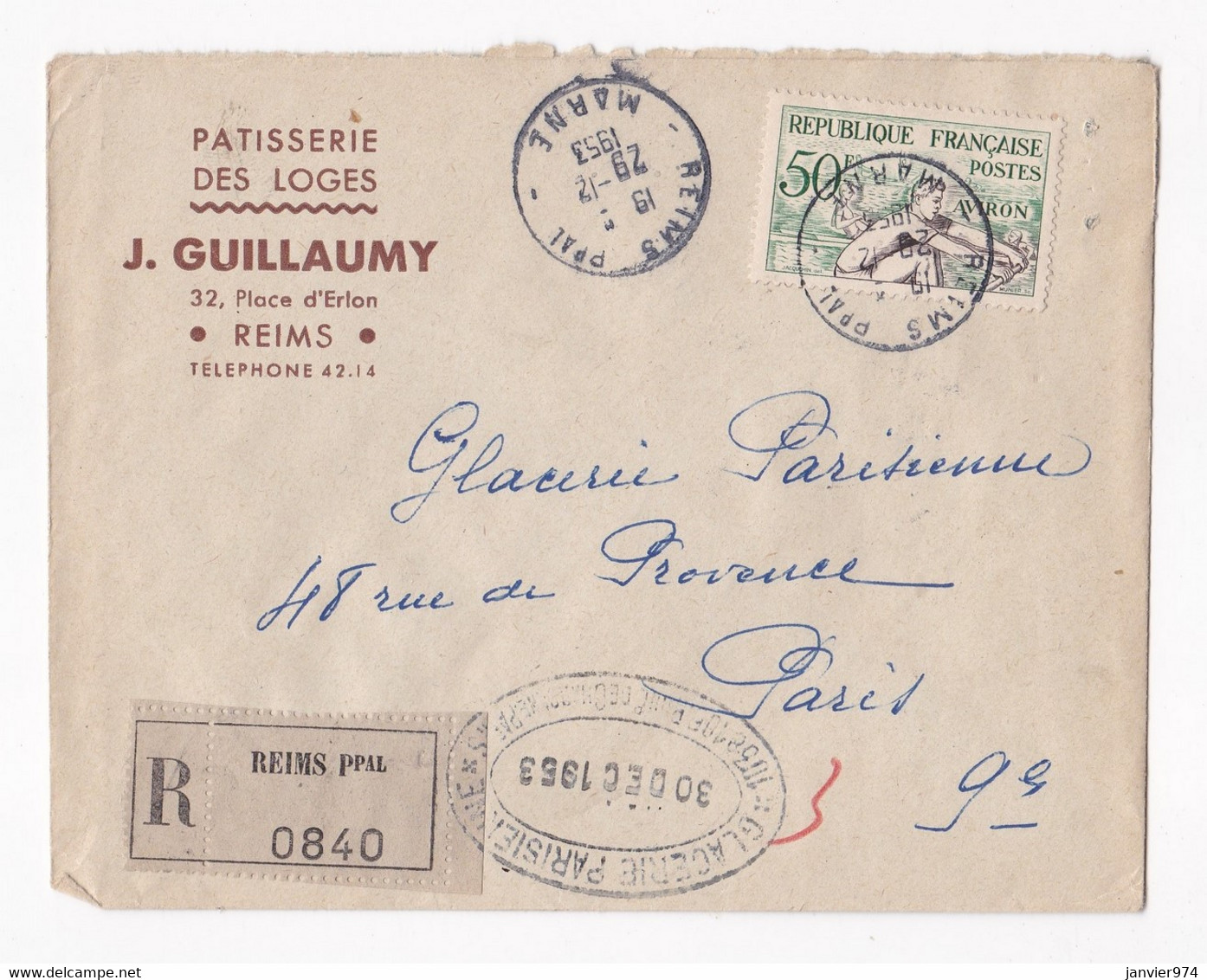 Enveloppe Publicitaire 1953 Pâtisserie Des Loges, J. Guillaumy , Reims , En Recommandé. - 1921-1960: Période Moderne