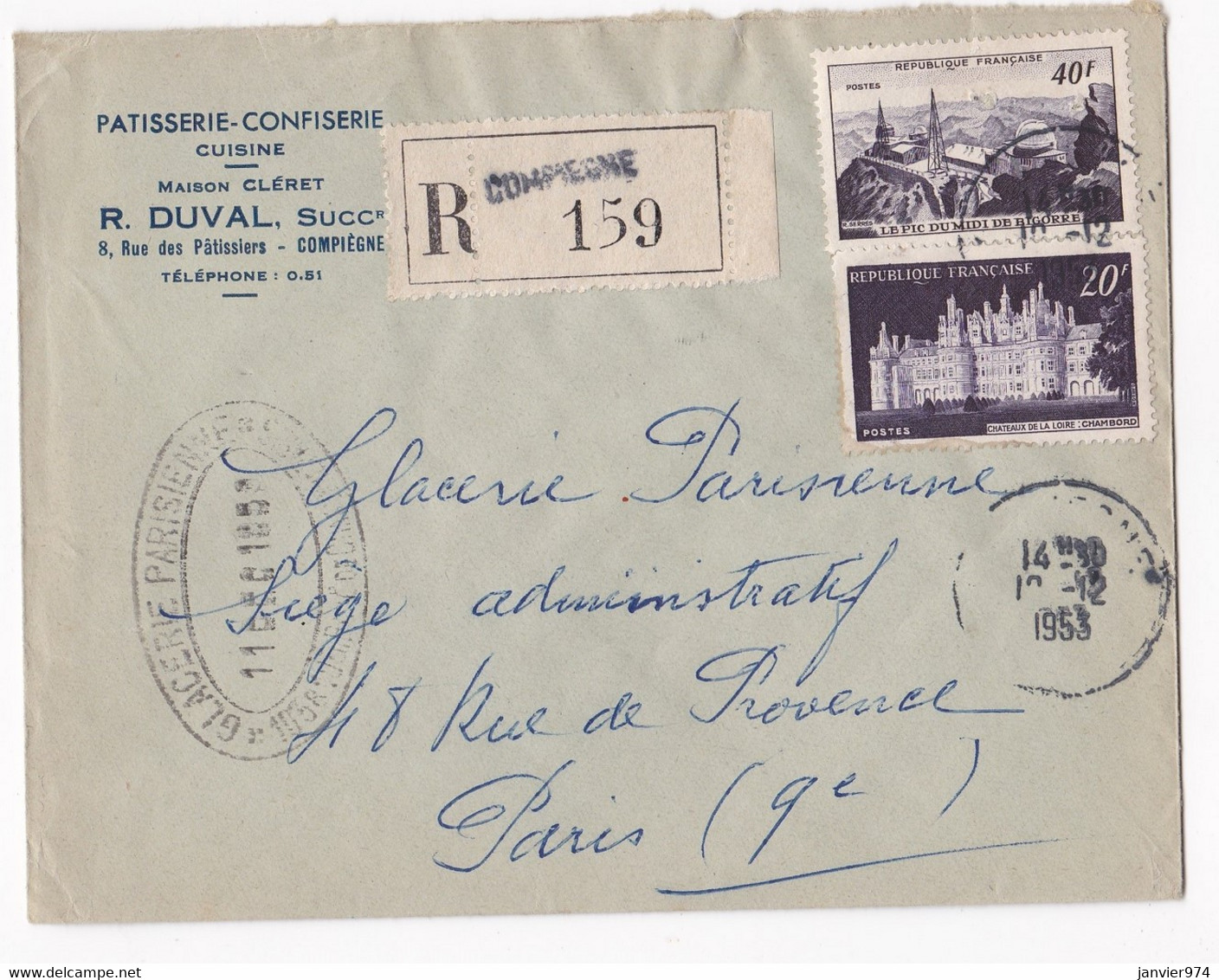 Enveloppe Publicitaire 1953, Pâtisserie Confiserie, Maison Cleret , R. Duval Successeur, Compiègne, En Recommandé. - 1921-1960: Période Moderne