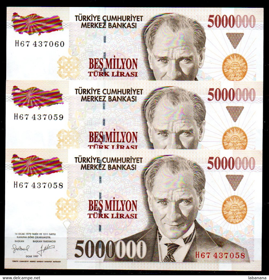 659-Turquie 5m De Lira 1997 H67, 3 Billets Se Suivant - Turquie