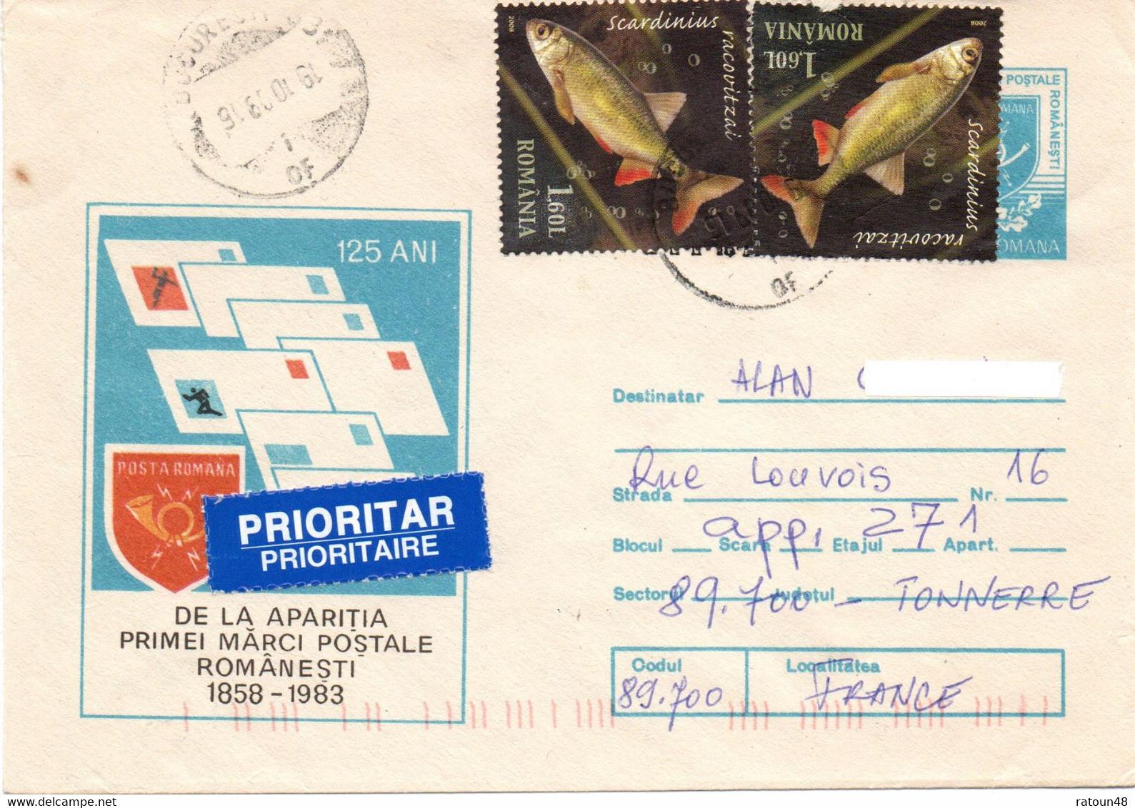 Lettre Prioritaire -affranchie De 2 Timbres N° 5335 (poissons Scardinius Racovitzai)  - ROUMANIE   Le 19/10/2009 - Marcofilia