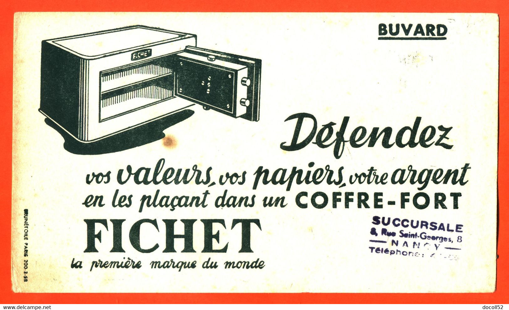 BUVARD FICHET COFFRE FORT - TAMPON SUCCURSALE A NANCY - F
