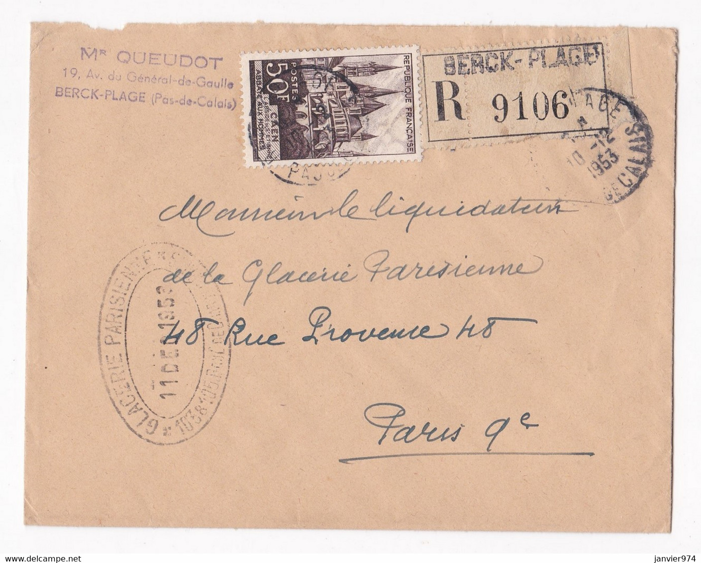 Enveloppe 1953 Mr Queudot , Berck Plage , Pas De Calais, En Recommandé - 1921-1960: Période Moderne
