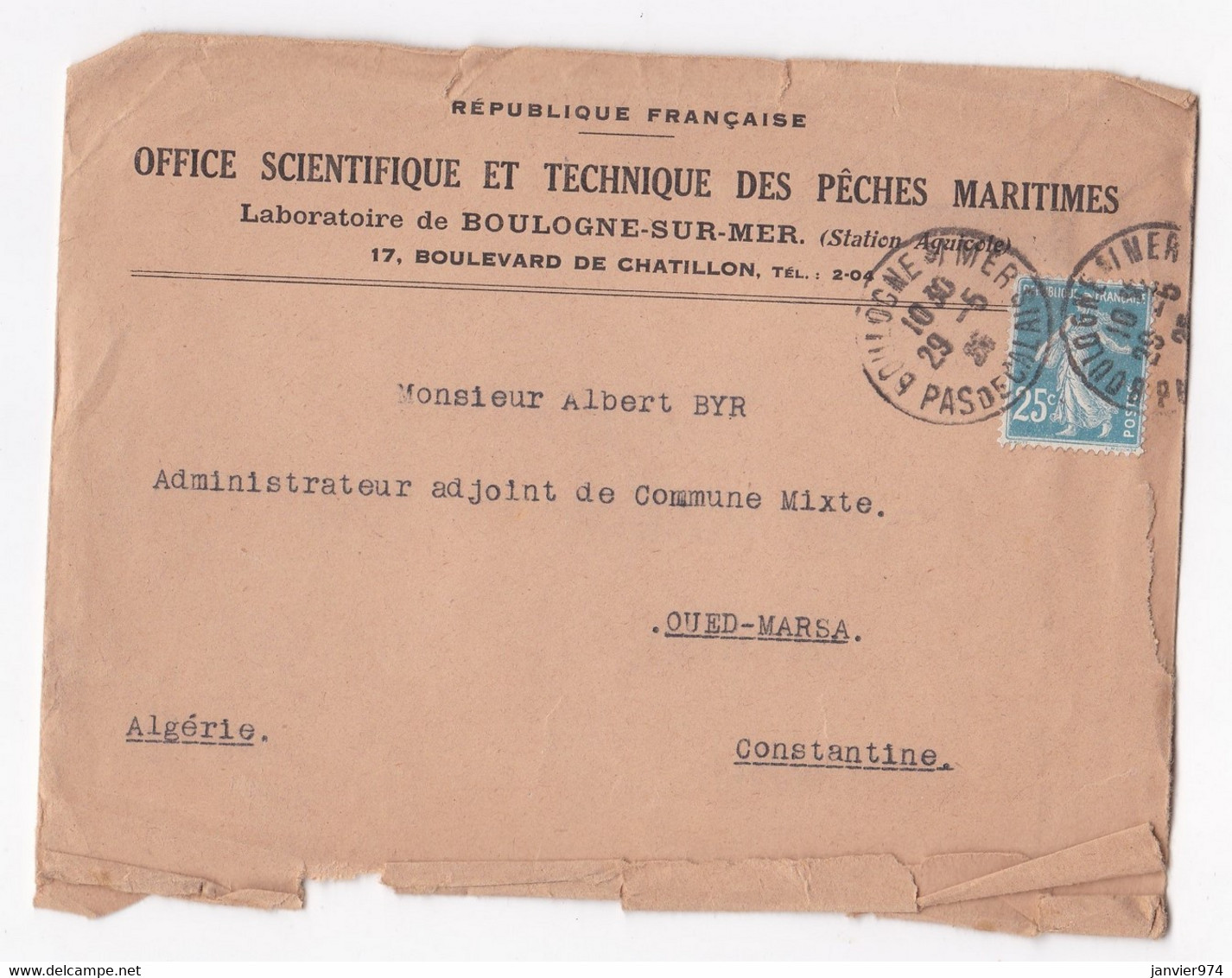 Laboratoire De Boulogne 1926 , Pour Oued Marsa, Constantine Algerie, Enveloppe Et Lettre - 1921-1960: Période Moderne