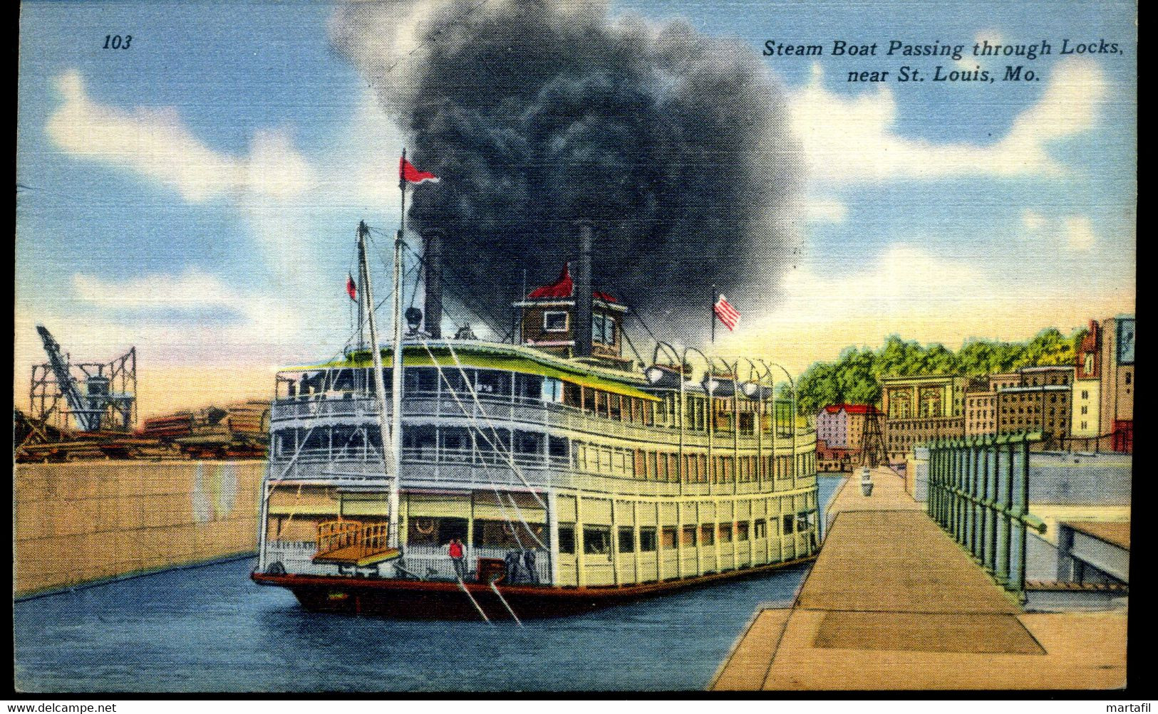 Cartolina - St. Louis, Missouri, Stati Uniti, Steam Boat Passing Through Locks - St Louis – Missouri