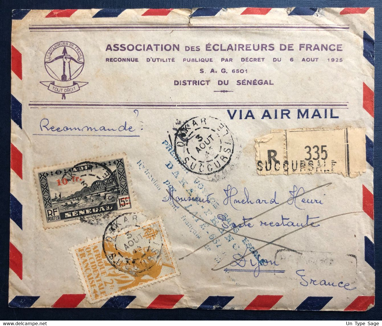 Sénégal, Divers Sur Enveloppe TAD DAKAR, SUCCURSALE 5.8.1945 - 1er Vol Sans Escale Dakar - France - (B1926) - Lettres & Documents