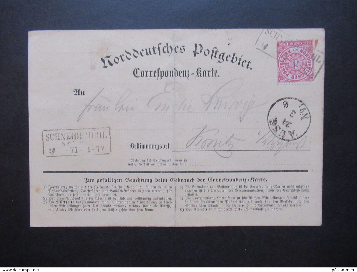 AD NDP 1871 Nr.16 EF Auf Correspondenz Karte Mit Stempel Ra3 Schneidemühl Bahnhof Nach Konitz Gesendet - Brieven En Documenten