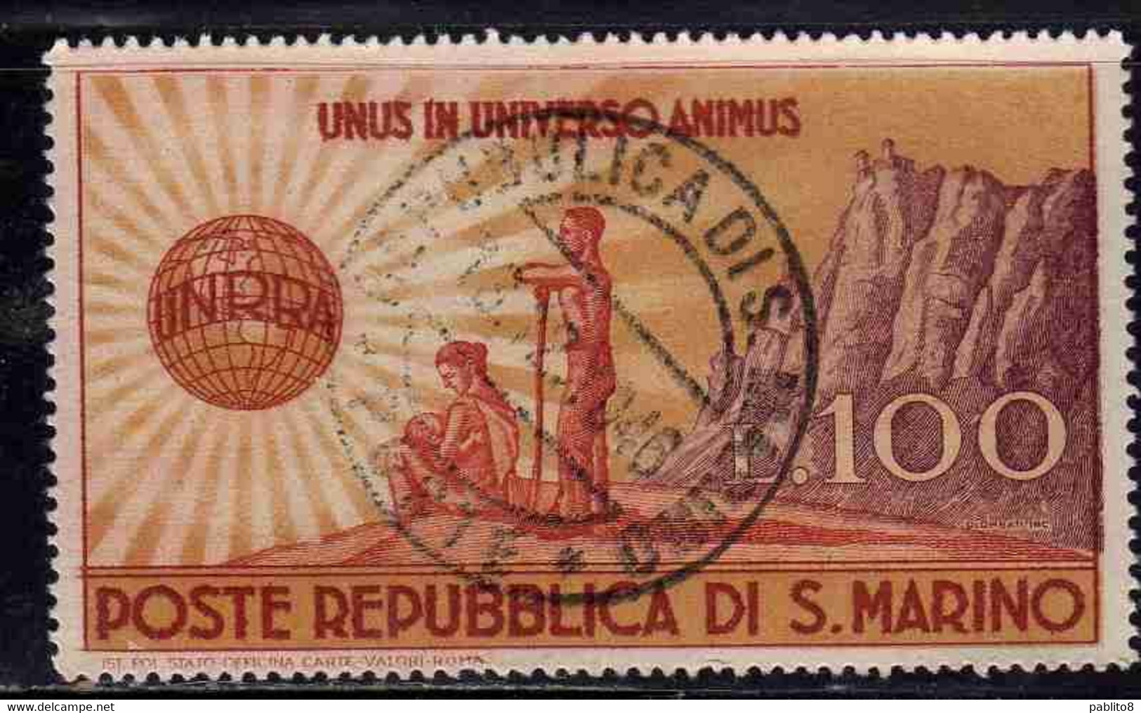 REPUBBLICA DI SAN MARINO 1946 UNRRA LIRE 100 USATO USED OBLITERE' - Gebruikt