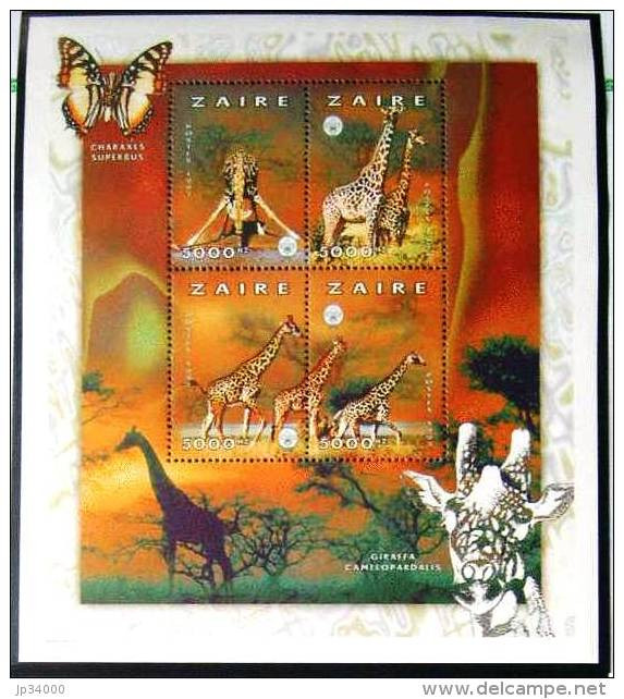 ZAIRE Girafes, Girafe, Giraffe, Jirafa, Scoutisme, Papillons. Bloc émis En 1997. ** MNH DENTELE - Jirafas