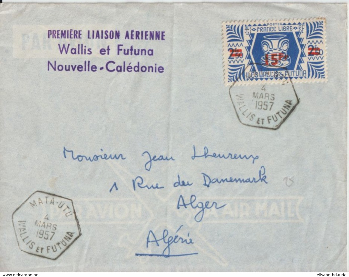 1957 - WALLIS - 1°LIAISON AERIENNE WALLIS ET FUTUNA => NOUVELLE CALEDONIE ! - ENVELOPPE De MATA-UTU => ALGER - Brieven En Documenten