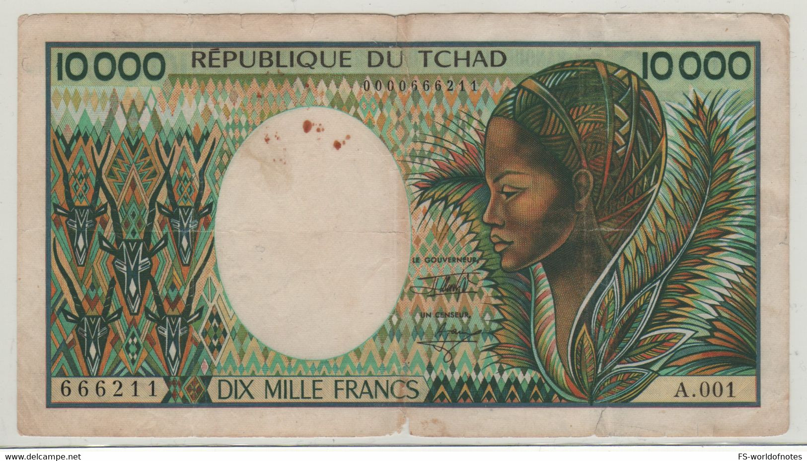 CHAD  10'000 Francs ,  P12b  ( 1991    Woman At Front + Banana Harvest At Back ) - Tchad