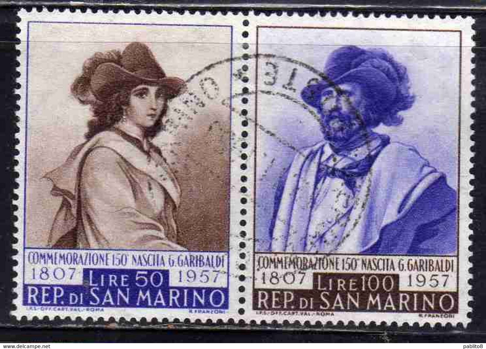 REPUBBLICA DI SAN MARINO 1957 GARIBALDI LIRE 50+100 COPPIA PAIR USATO USED OBLITERE' - Used Stamps