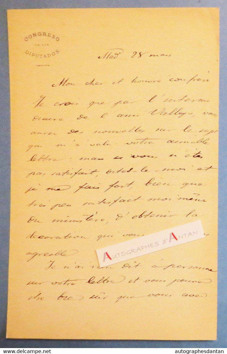 ● L.A.S Ignacio J ESCOBAR Congreso De Los Diputados Lettre En Français à Adrien Marx - Espagne Espana Carta De Autógrafo - Spanien