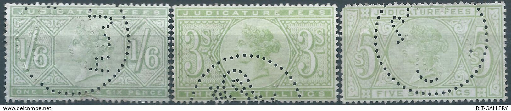 Great Britain-ENGLAND,Queen Victoria,1870-1800 Revenue Stamp Tax Fiscal,JUDICATURE FEES,1/6-3-5 Shillings,PERFIN - Used - Revenue Stamps