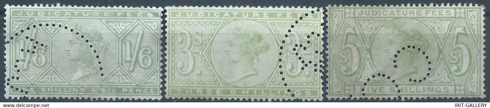 Great Britain-ENGLAND,Queen Victoria,1870-1800 Revenue Stamp Tax Fisca,JUDICATURE FEES,1/6-3-5 Shillings,PERFIN - Used - Fiscale Zegels