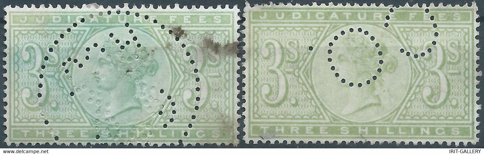 Great Britain-ENGLAND,Queen Victoria,1870-1800 Revenue Stamp Tax Fiscal,JUDICATURE FEES,3 Shillings,PERFIN - Used - Fiscale Zegels