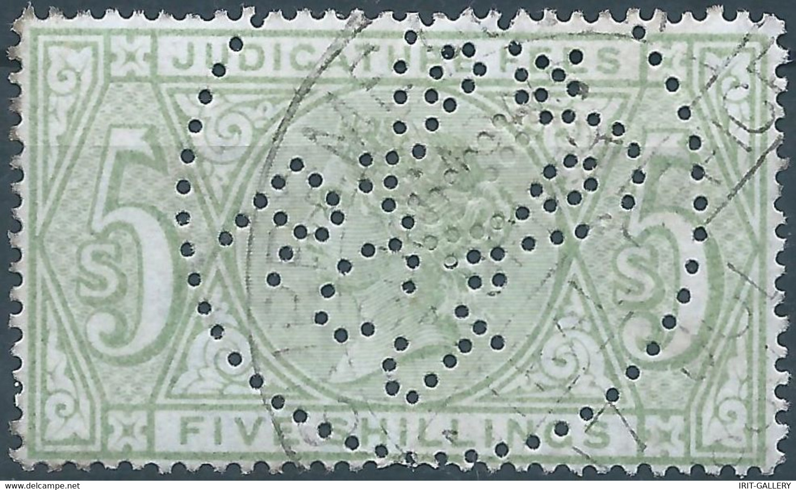 Great Britain-ENGLAND,Queen Victoria,1870-1800 Revenue Stamp Tax Fiscal,JUDICATURE FEES,5 Shillings,PERFIN - Used - Fiscale Zegels