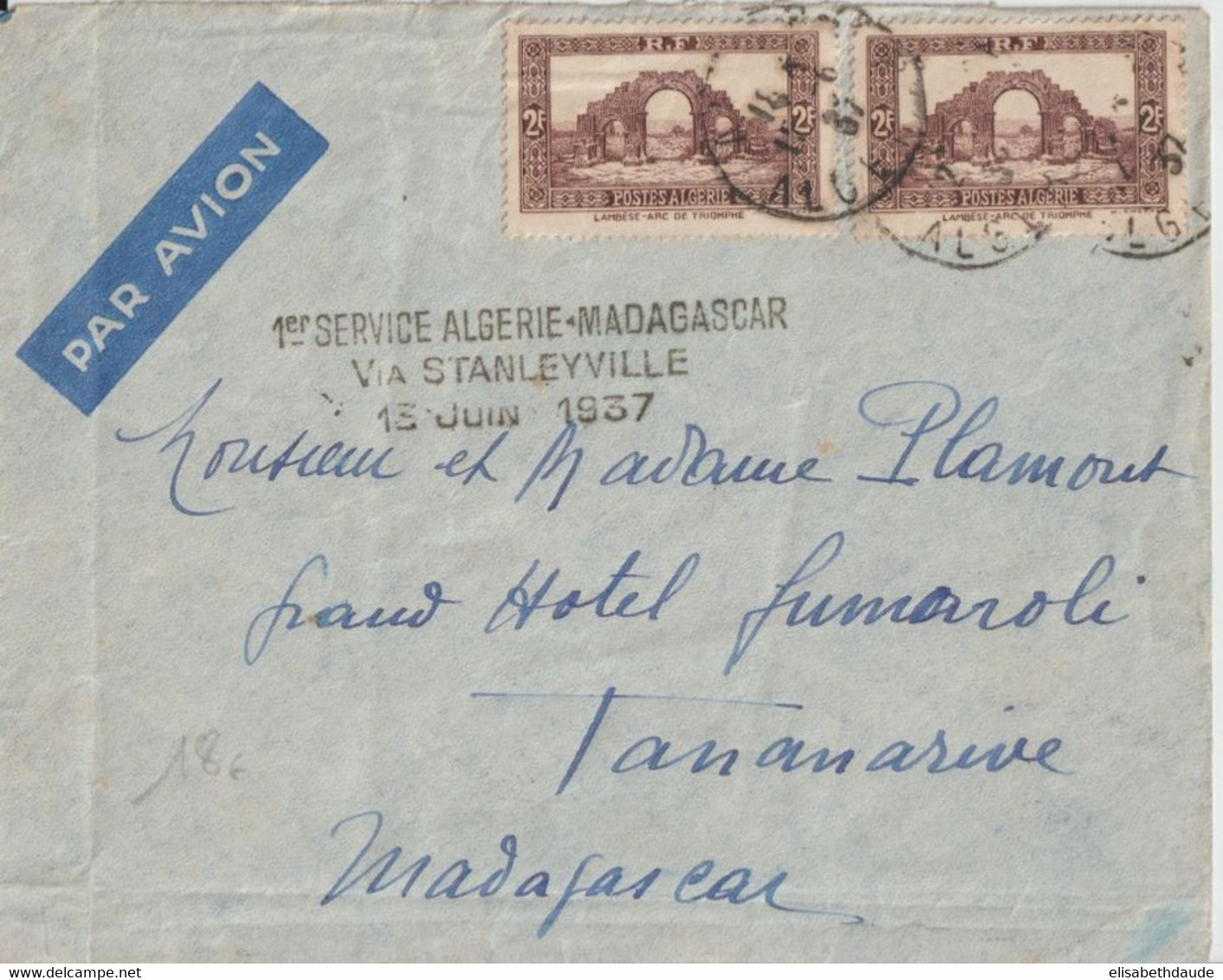 1937 - ALGERIE - 1°LIAISON AERIENNE ALGERIE à MADAGASCAR Via STANLEYVILLE ! - ENVELOPPE => TANANARIVE - Lettres & Documents