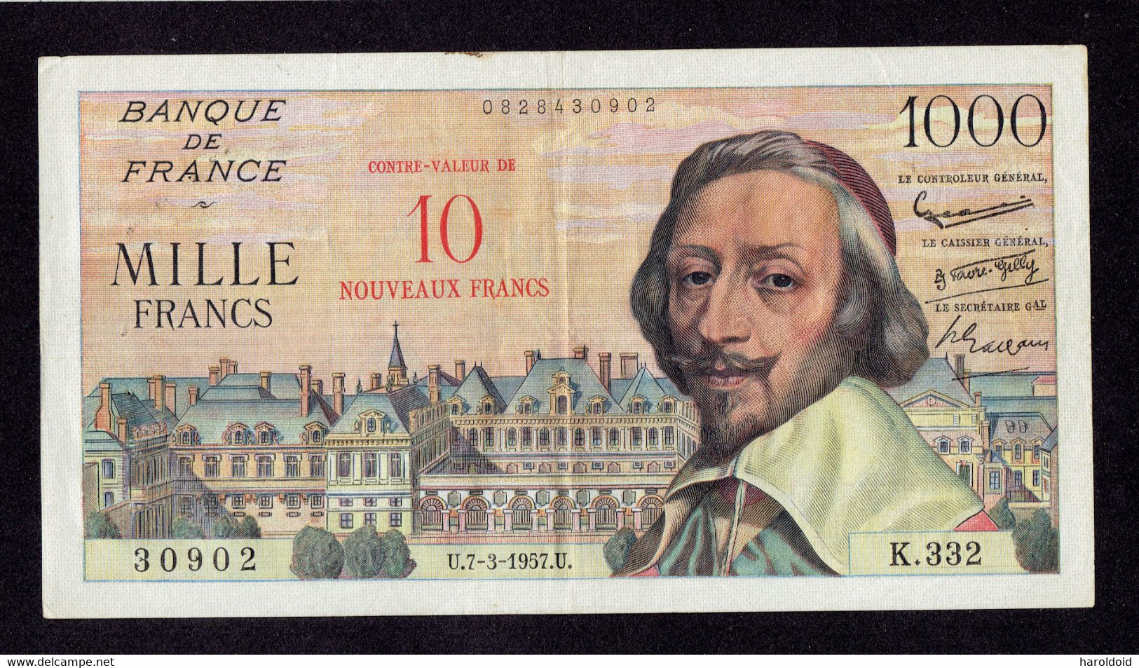 10 NF RICHELIEU SURCHARGE - 7-3-1957 - TROUS D'EPINGLE - 1955-1959 Aufdrucke Neue Francs