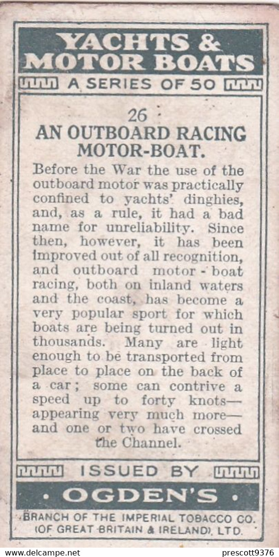 Yachts & Motor Boats 1931 -  26 Outboard Racing Boat - Ogdens  Cigarette Card - Original  - Ships - Sealife - Ogden's