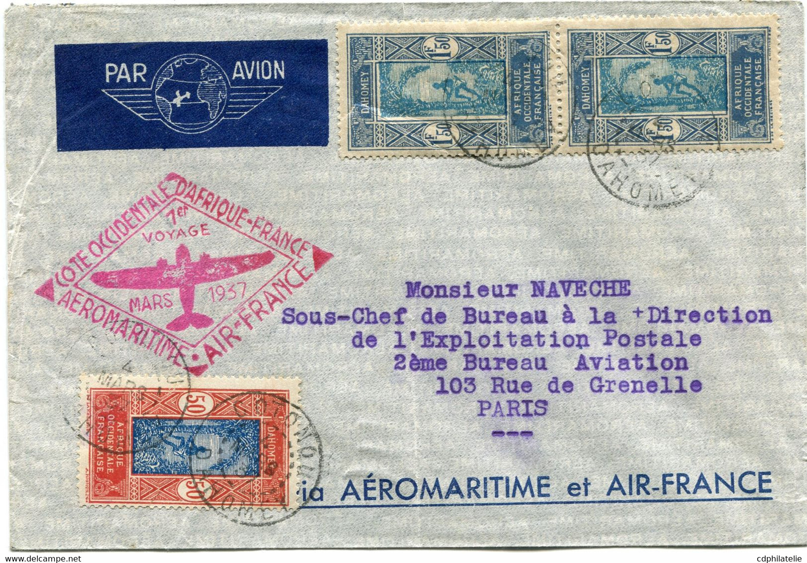 DAHOMEY LETTRE PAR AVION DEPART COTONOU 4 MARS 37 DAHOMEY POUR LA FRANCE - Storia Postale