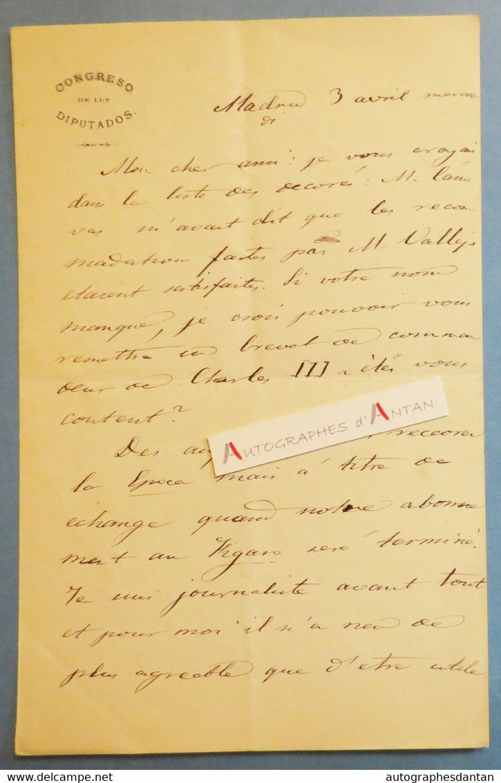 ● L.A.S Ignacio J ESCOBAR Congreso De Los Diputados Brevet De Commandeur De Charles III Lettre En Français à Adrien Marx - Espagne