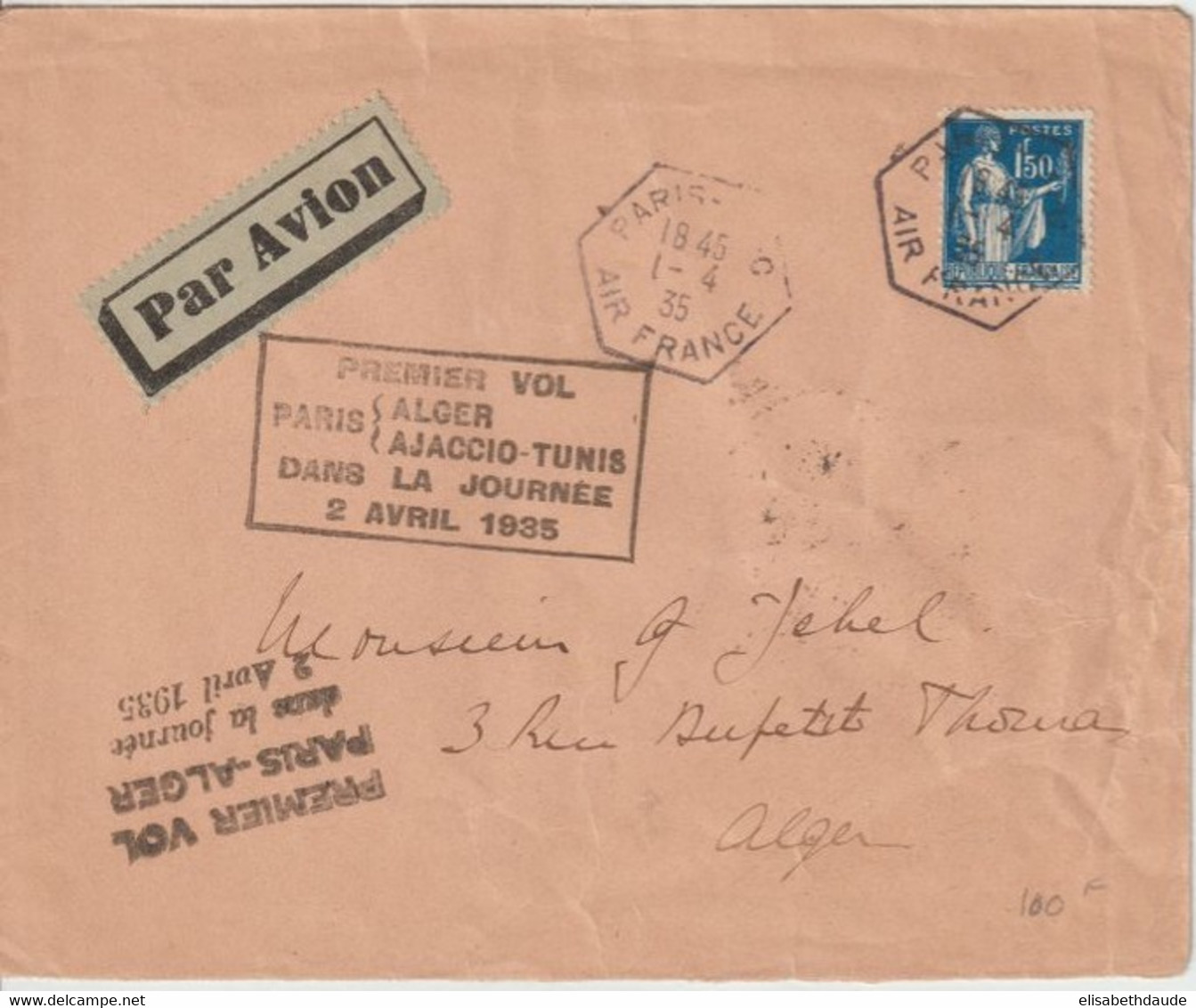 1935 - 1°LIAISON AERIENNE PARIS ALGER AJACCIO TUNIS DANS LA JOURNEE ! - ENVELOPPE PARIS AIR FRANCE => ALGER - First Flight Covers