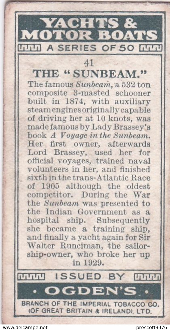 Yachts & Motor Boats 1931 - 41 The Sunbeam  - Ogdens  Cigarette Card - Original  - Ships - Sealife - Ogden's