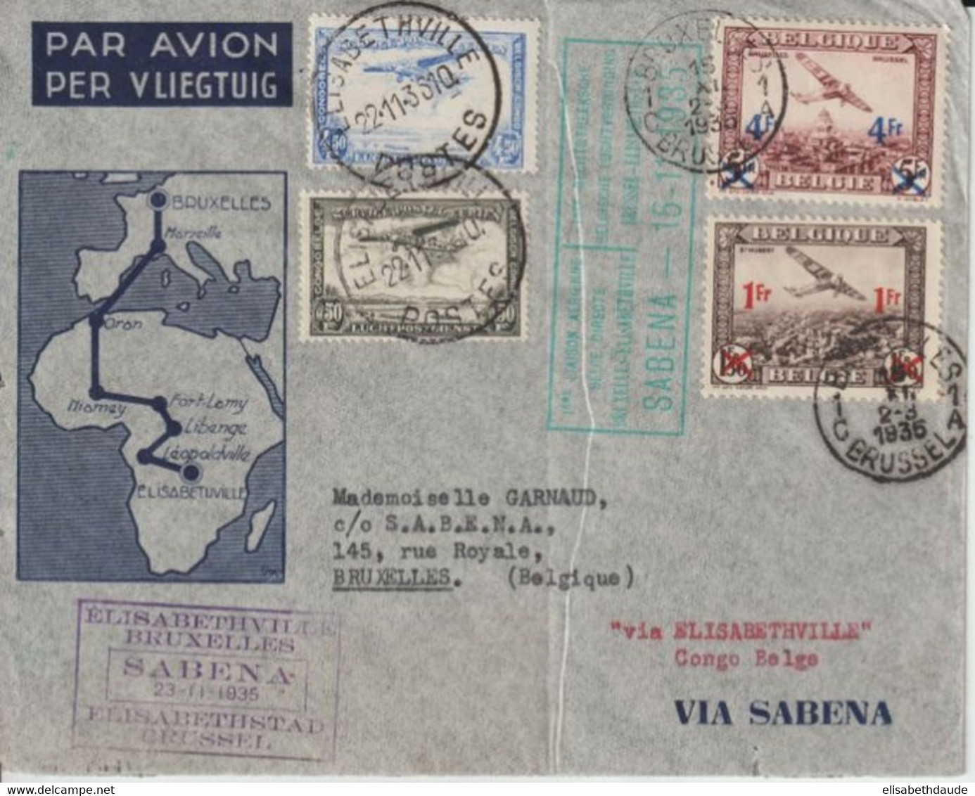 1935 - BELGIQUE - ENVELOPPE ALLER ET RETOUR 1°LIAISON AERIENNE SABENA De BRUXELLES => ELISABETHVILLE (CONGO) - Lettres & Documents